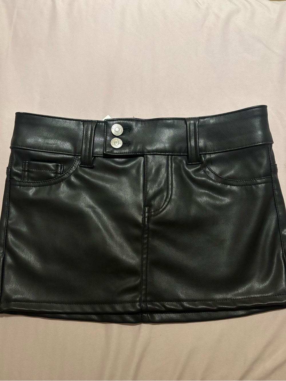 H&M Black Faux Leather Mini Skirt with Double Button Waist